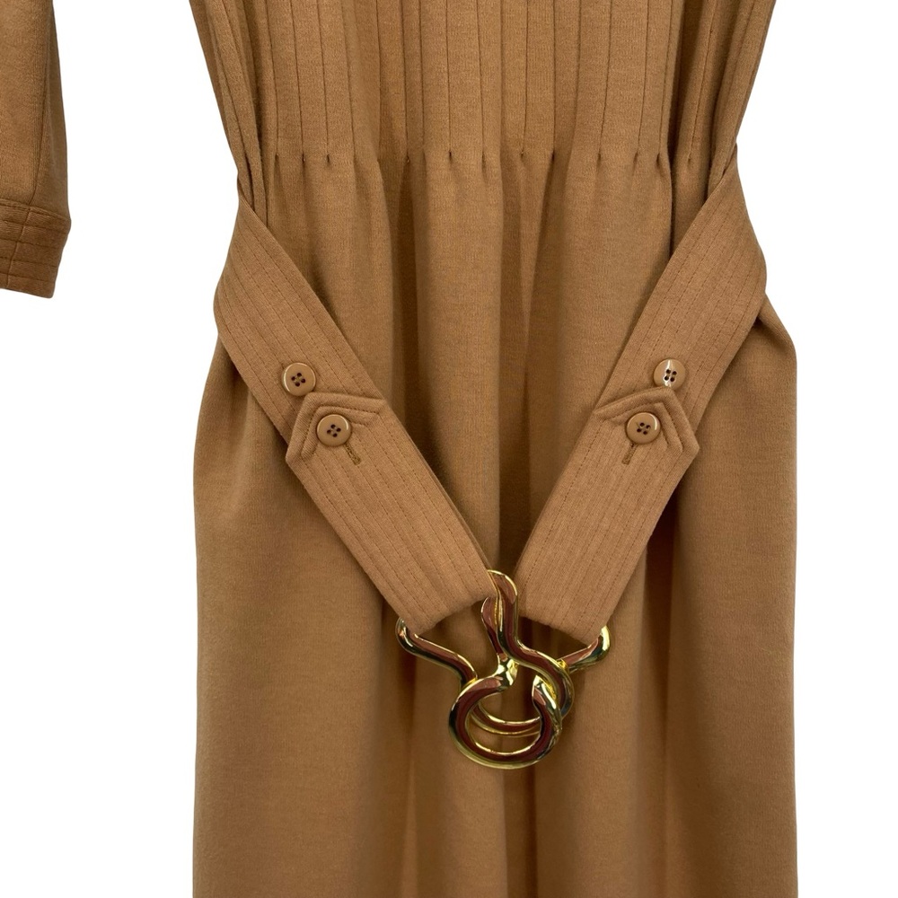 Elizabeth McKay The Pleated Belted Knit Dress Camel Brown - Picture 8 of 10